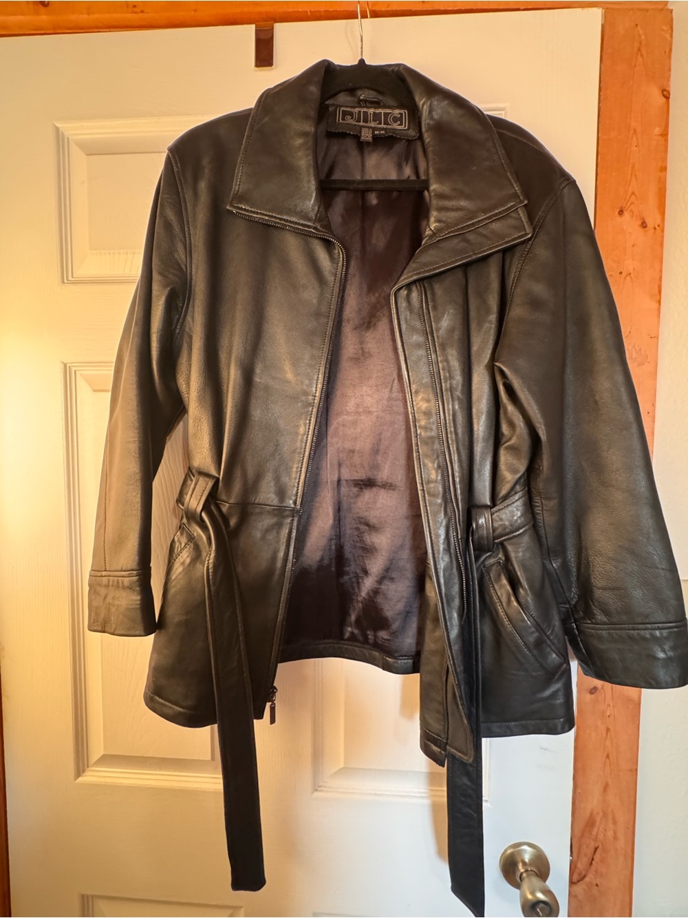 Classic Black Leather Belted Jacket - Women's